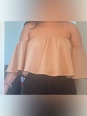 Boohoo Beige Off-Shoulder Ruffle Crop Top